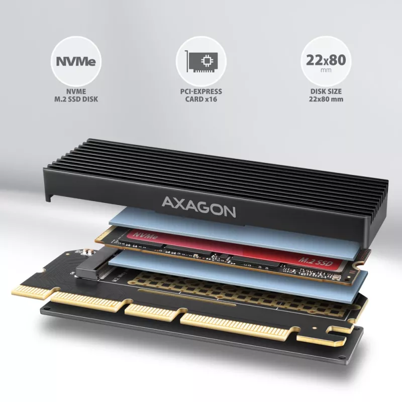 AXAGON PCEM2-XS PCIe x16 adapteris M.2 NVMe M-key lizdu su pasyviu aliumininiu radiatoriumi