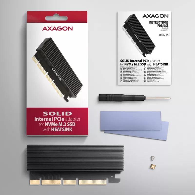 AXAGON PCEM2-XS PCIe x16 adapteris M.2 NVMe M-key lizdu su pasyviu aliumininiu radiatoriumi
