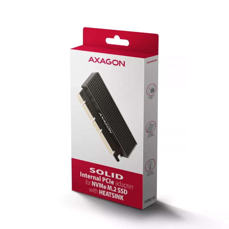 AXAGON PCEM2-XS PCIe x16 adapteris M.2 NVMe M-key lizdu su pasyviu aliumininiu radiatoriumi