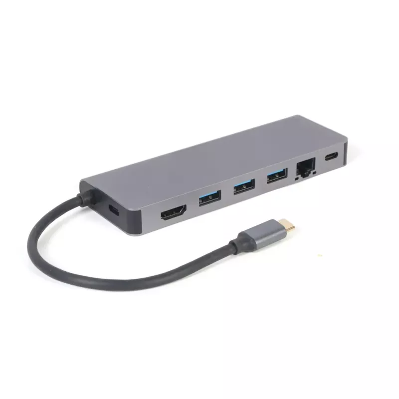 USB šakotuvas GEMBIRD A-CM-COMBO5-05 — USB 3.2 Gen 1 Type-C, 3x USB-A, HDMI, RJ-45, SD/microSD, 100W PD