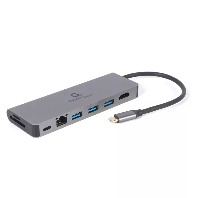 USB šakotuvas GEMBIRD A-CM-COMBO5-05 — USB 3.2 Gen 1 Type-C, 3x USB-A, HDMI, RJ-45, SD/microSD, 100W PD