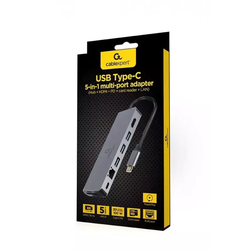 USB šakotuvas GEMBIRD A-CM-COMBO5-05 — USB 3.2 Gen 1 Type-C, 3x USB-A, HDMI, RJ-45, SD/microSD, 100W PD