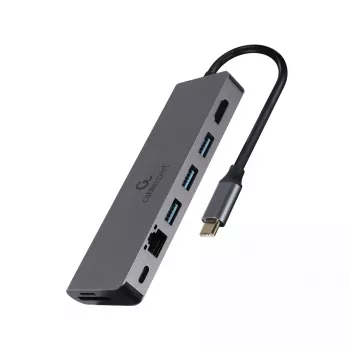 USB šakotuvas GEMBIRD A-CM-COMBO5-05 — USB 3.2 Gen 1 Type-C, 3x USB-A, HDMI, RJ-45, SD/microSD, 100W PD