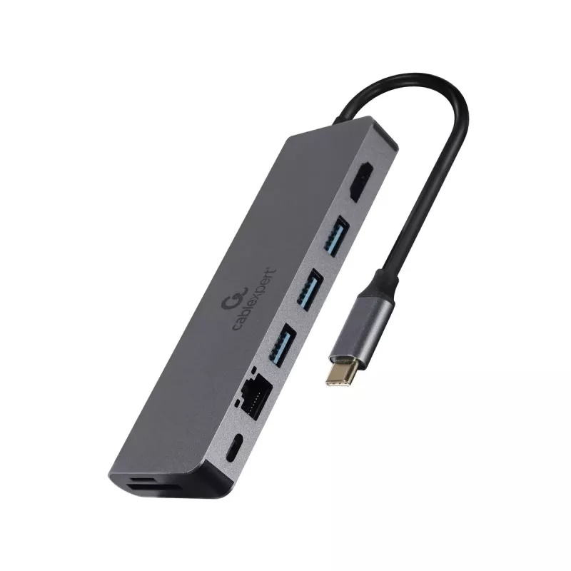USB šakotuvas GEMBIRD A-CM-COMBO5-05 — USB 3.2 Gen 1 Type-C, 3x USB-A, HDMI, RJ-45, SD/microSD, 100W PD