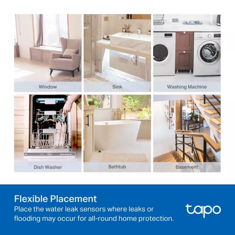 Vandens nuotėkio detektorius TP-Link Tapo T300 Wi‑Fi, reguliuojamas aliarmas 90 dB, IP67, baterija (2×AAA), reikalingas Hub