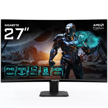 GIGABYTE GS27FC 27 colių FHD lenktas žaidimų monitorius - 1920 x 1080, 180Hz, 1ms, 250 cd/m², FreeSync Premium, HDR Ready, HDMI 2.0, DisplayPort 1.4