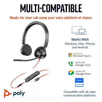 HP Poly Blackwire 3325 Stereo ausinės su mikrofonu, sertifikuotos Microsoft Teams, USB-C jungtimi, 3,5 mm lizdu ir USB-C/A adapteriu