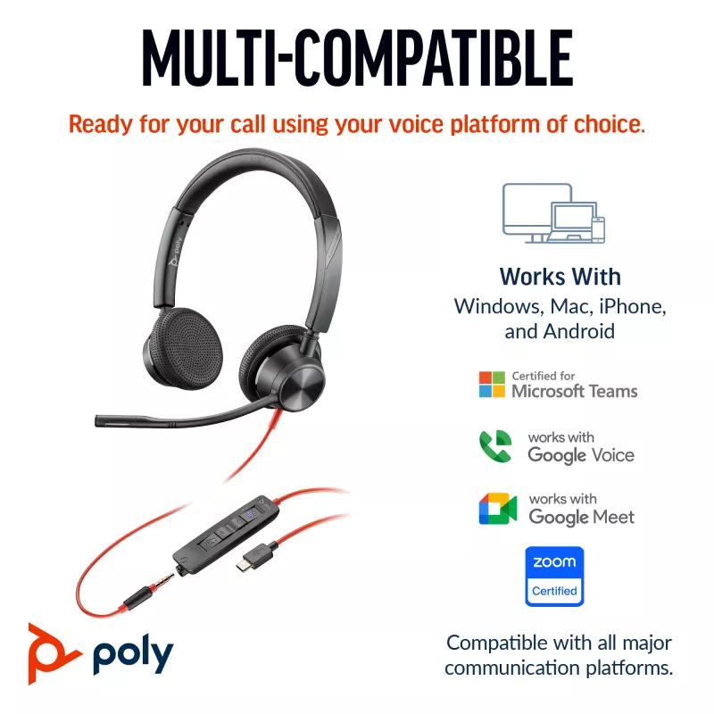 HP Poly Blackwire 3325 Stereo ausinės su mikrofonu, sertifikuotos Microsoft Teams, USB-C jungtimi, 3,5 mm lizdu ir USB-C/A adapteriu