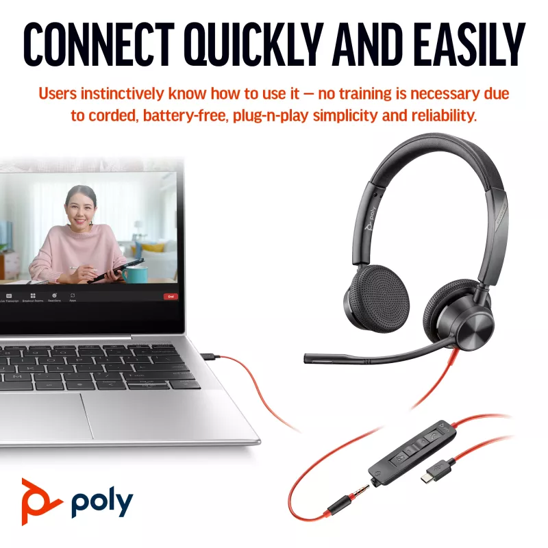 HP Poly Blackwire 3325 Stereo ausinės su mikrofonu, sertifikuotos Microsoft Teams, USB-C jungtimi, 3,5 mm lizdu ir USB-C/A adapteriu