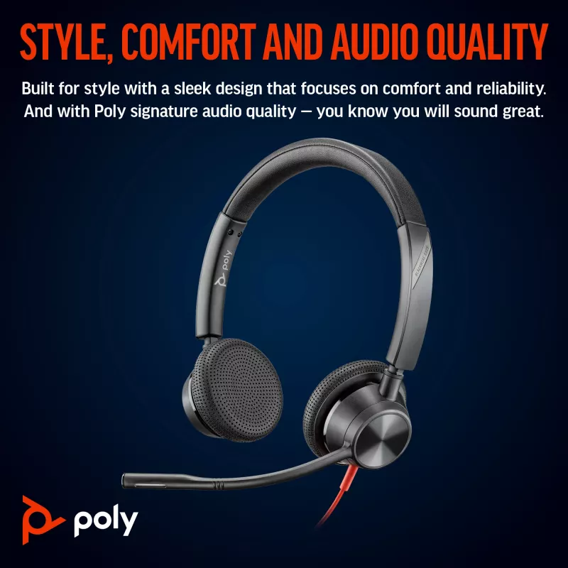 HP Poly Blackwire 3325 Stereo ausinės su mikrofonu, sertifikuotos Microsoft Teams, USB-C jungtimi, 3,5 mm lizdu ir USB-C/A adapteriu
