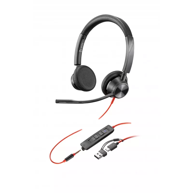 HP Poly Blackwire 3325 Stereo ausinės su mikrofonu, sertifikuotos Microsoft Teams, USB-C jungtimi, 3,5 mm lizdu ir USB-C/A adapteriu