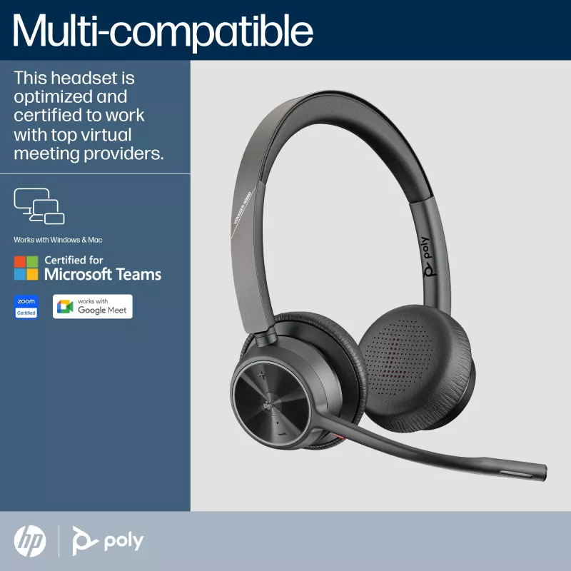 HP Poly Voyager 4320 belaidė ausinė su Microsoft Teams sertifikatu, BT700 adapteriu ir įkrovimo stovu