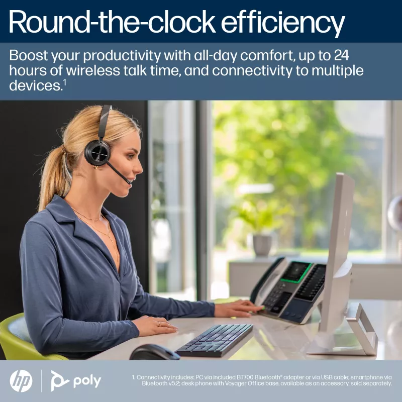 HP Poly Voyager 4320 belaidė ausinė su Microsoft Teams sertifikatu, BT700 adapteriu ir įkrovimo stovu