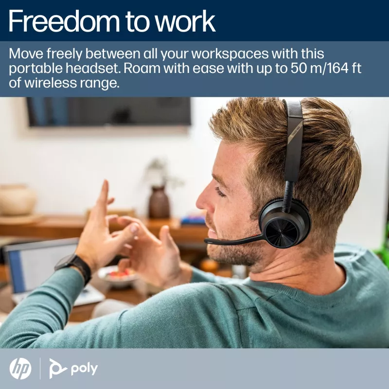 HP Poly Voyager 4320 belaidė ausinė su Microsoft Teams sertifikatu, BT700 adapteriu ir įkrovimo stovu