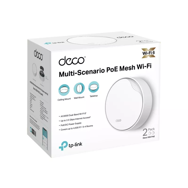 TP-Link Deco X50-PoE AX3000 belaidžio ryšio maršrutizatorius su PoE, baltas, vidinis, tinklo sistema, 420 m², dviejų juostų (2,4 GHz / 5 GHz), Wi-Fi 6 (802.11ax)