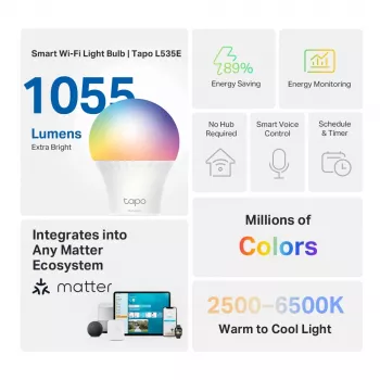 TP-Link Tapo L535E išmanioji LED lemputė, daugiaspalvė, Matter, 1055 liumenų, Wi-Fi/Bluetooth