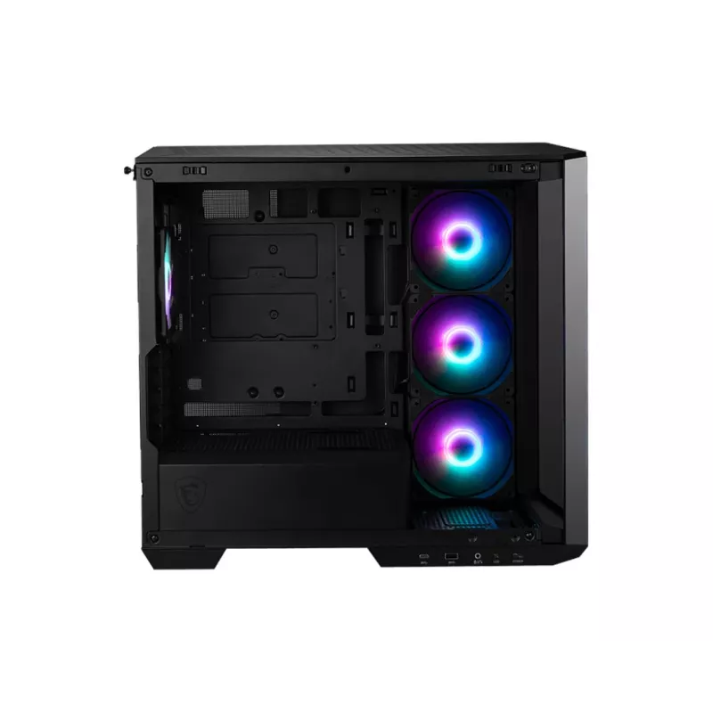 Kompiuterio korpusas MSI MAG PANO M100R PZ Micro Tower Juodas — microATX/ITX, šoninis langas, keli LED, 39 cm GPU, USB-C