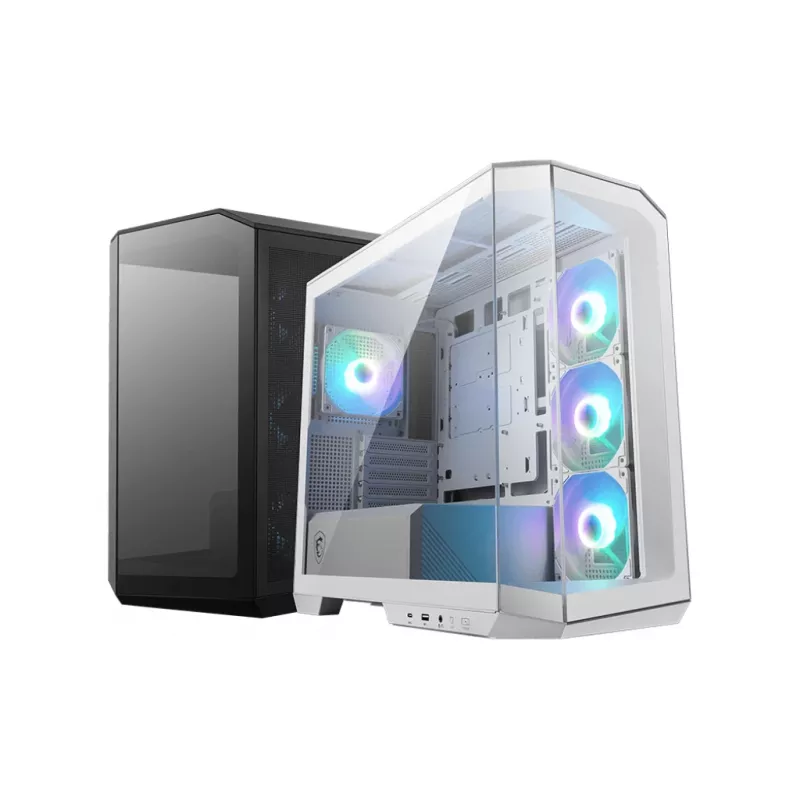 Kompiuterio korpusas MSI MAG PANO M100R PZ Micro Tower Juodas — microATX/ITX, šoninis langas, keli LED, 39 cm GPU, USB-C