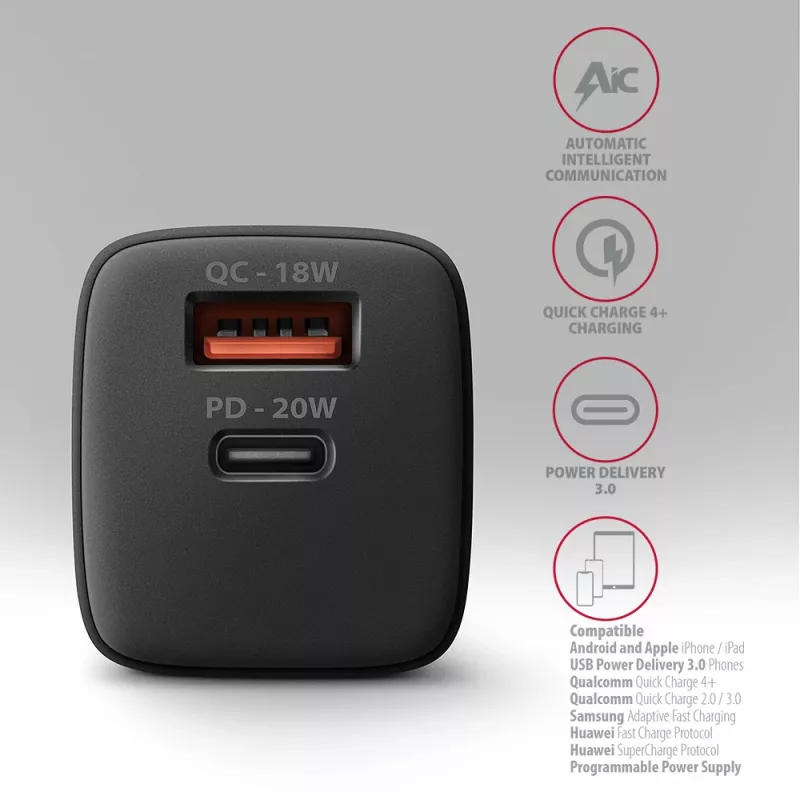 Sieninis įkroviklis Axagon ACU-PQ20 QC3.0 PD Type-C 20W Juodas