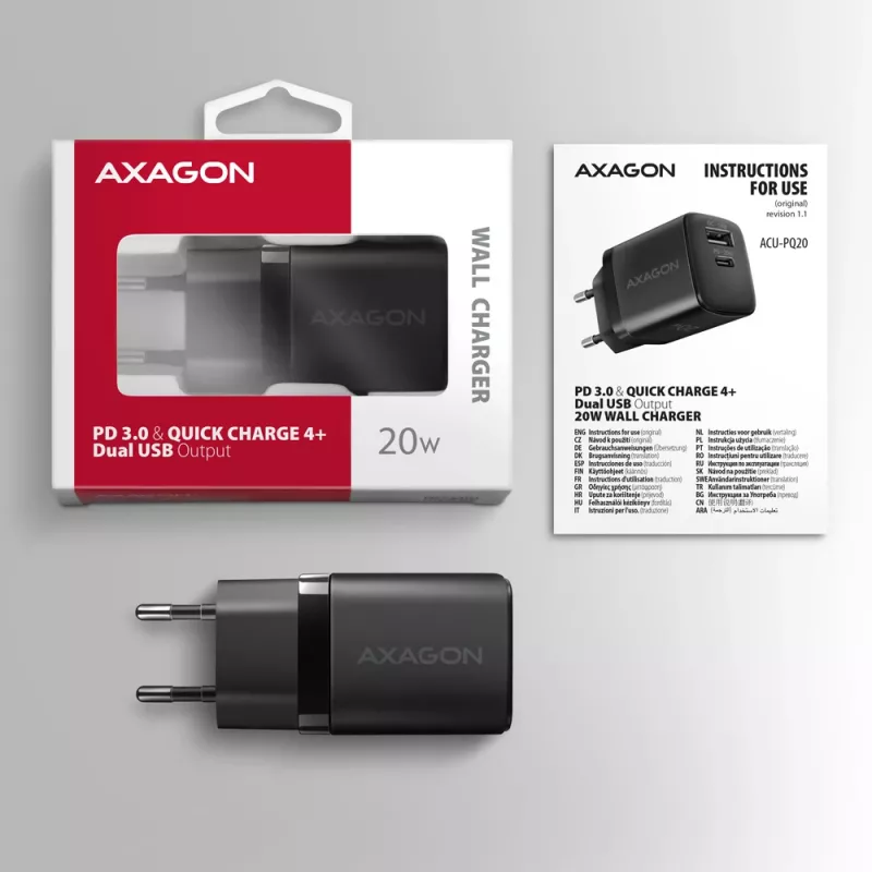 Sieninis įkroviklis Axagon ACU-PQ20 QC3.0 PD Type-C 20W Juodas