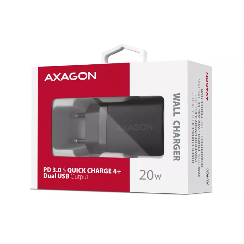 Sieninis įkroviklis Axagon ACU-PQ20 QC3.0 PD Type-C 20W Juodas
