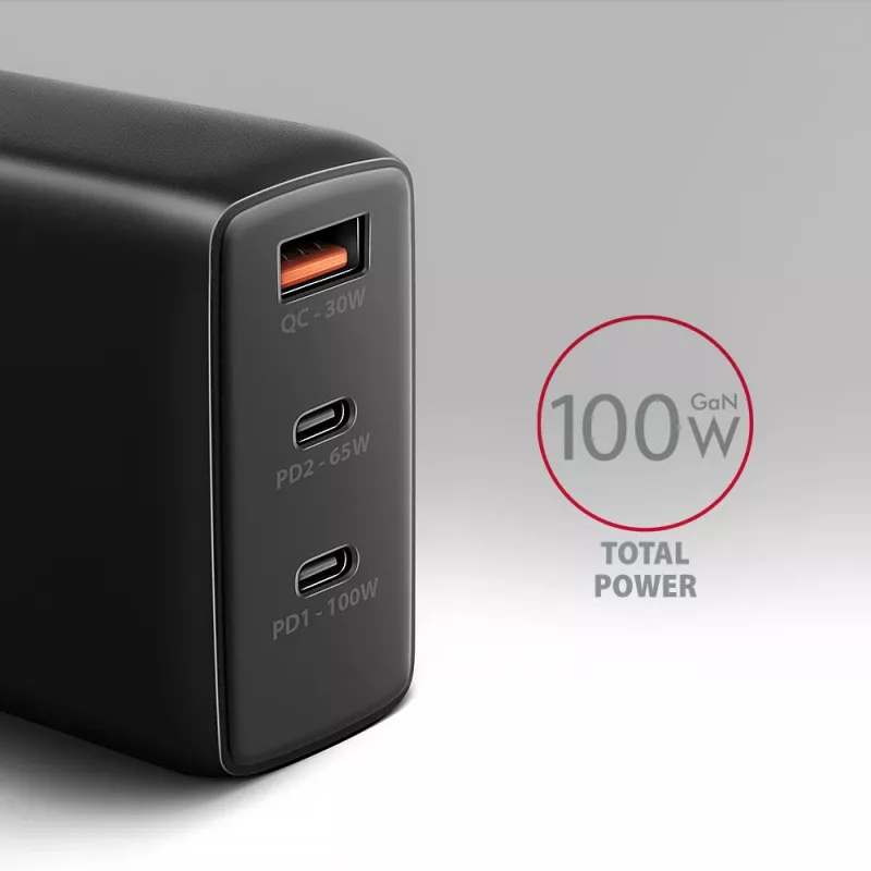AXAGON ACU-DPQ100 sieninis įkroviklis 100W, PD3.0 & QC 4+, trys išėjimai, GaN