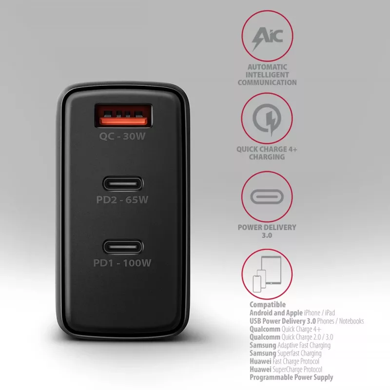 AXAGON ACU-DPQ100 sieninis įkroviklis 100W, PD3.0 & QC 4+, trys išėjimai, GaN