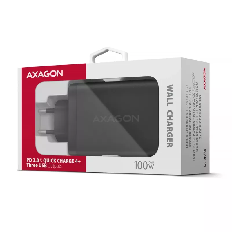 AXAGON ACU-DPQ100 sieninis įkroviklis 100W, PD3.0 & QC 4+, trys išėjimai, GaN
