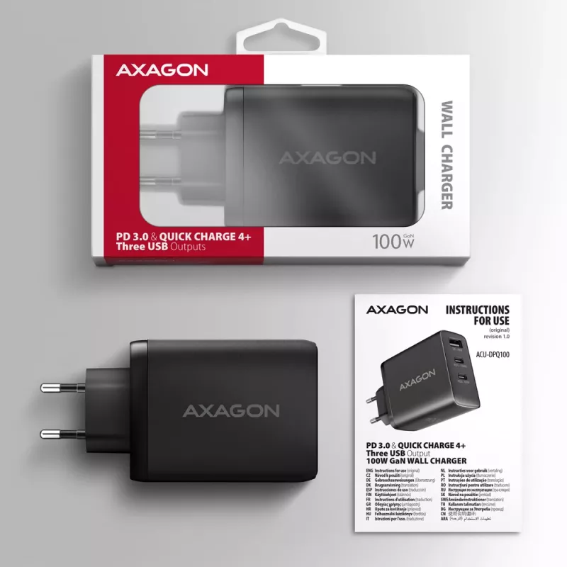 AXAGON ACU-DPQ100 sieninis įkroviklis 100W, PD3.0 & QC 4+, trys išėjimai, GaN