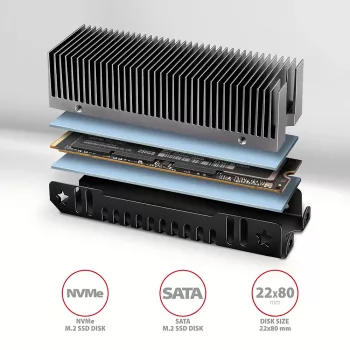 Axagon CLR-M2XT aliumininis pasyvus aušintuvas vienpusiams ir dvipusiams M.2 SSD diskams, dydis 2280, aukštis 24 mm