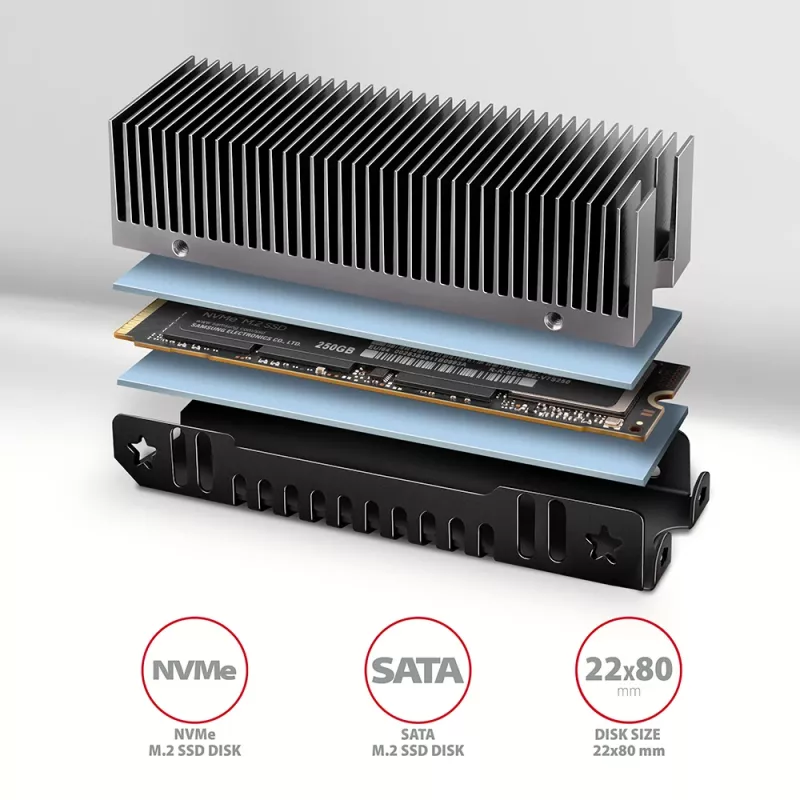 Axagon CLR-M2XT aliumininis pasyvus aušintuvas vienpusiams ir dvipusiams M.2 SSD diskams, dydis 2280, aukštis 24 mm