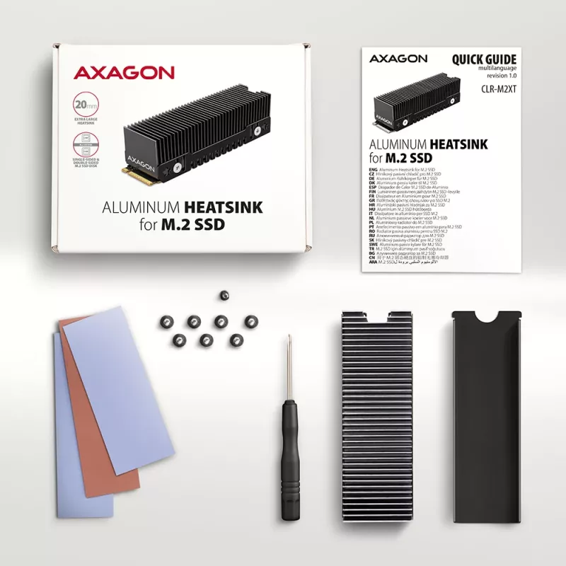 Axagon CLR-M2XT aliumininis pasyvus aušintuvas vienpusiams ir dvipusiams M.2 SSD diskams, dydis 2280, aukštis 24 mm