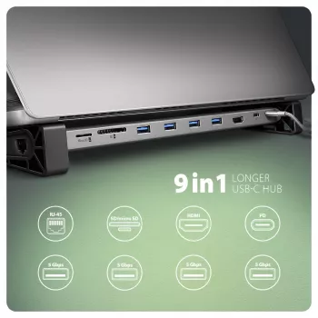 Axagon HMC-10HLS USB 5Gbps centrinis įrenginys, 4x USB-A, HDMI 4K/60Hz, RJ-45, SD/microSD, PD 100W