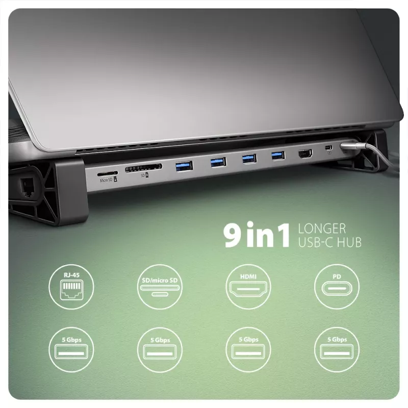 Axagon HMC-10HLS USB 5Gbps centrinis įrenginys, 4x USB-A, HDMI 4K/60Hz, RJ-45, SD/microSD, PD 100W