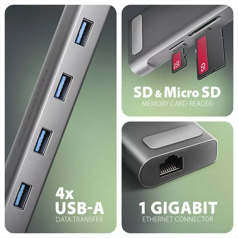 Axagon HMC-10HLS USB 5Gbps centrinis įrenginys, 4x USB-A, HDMI 4K/60Hz, RJ-45, SD/microSD, PD 100W