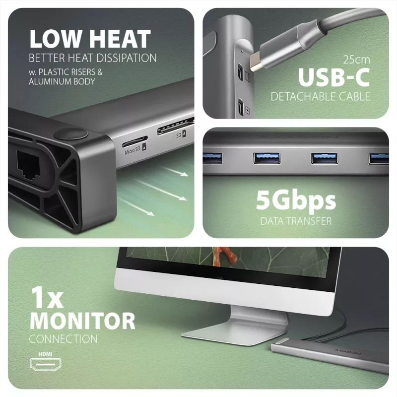 Axagon HMC-10HLS USB 5Gbps centrinis įrenginys, 4x USB-A, HDMI 4K/60Hz, RJ-45, SD/microSD, PD 100W