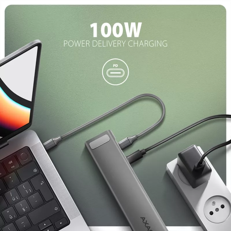 Axagon HMC-10HLS USB 5Gbps centrinis įrenginys, 4x USB-A, HDMI 4K/60Hz, RJ-45, SD/microSD, PD 100W