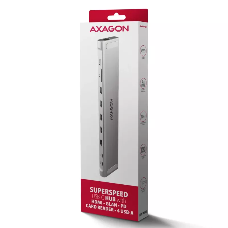 Axagon HMC-10HLS USB 5Gbps centrinis įrenginys, 4x USB-A, HDMI 4K/60Hz, RJ-45, SD/microSD, PD 100W