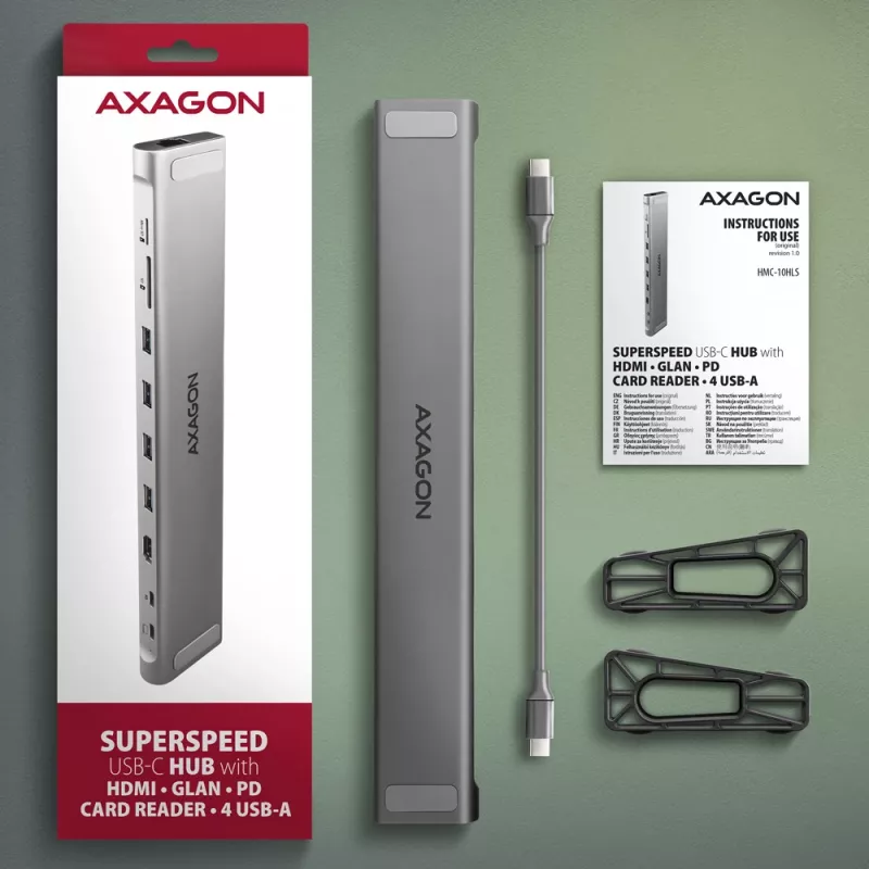 Axagon HMC-10HLS USB 5Gbps centrinis įrenginys, 4x USB-A, HDMI 4K/60Hz, RJ-45, SD/microSD, PD 100W