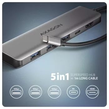 Axagon HMC-5H USB 5Gbps šakotuvas, 3x USB-A, HDMI 4K/30Hz, PD 100W, 100cm USB-C laidas
