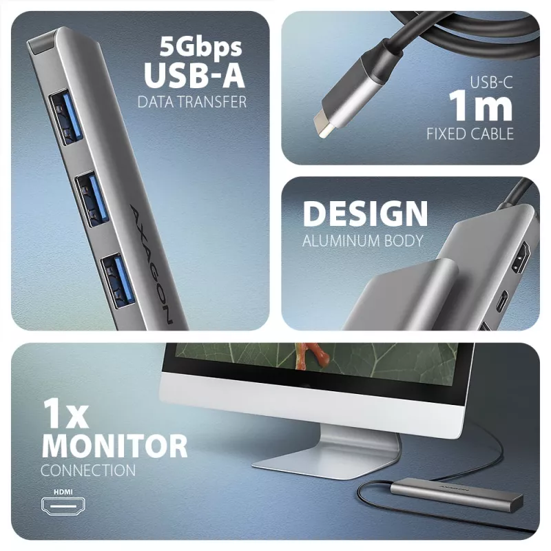 Axagon HMC-5H USB 5Gbps šakotuvas, 3x USB-A, HDMI 4K/30Hz, PD 100W, 100cm USB-C laidas