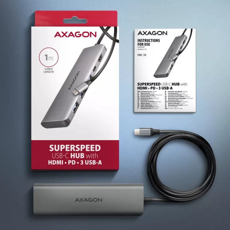 Axagon HMC-5H USB 5Gbps šakotuvas, 3x USB-A, HDMI 4K/30Hz, PD 100W, 100cm USB-C laidas