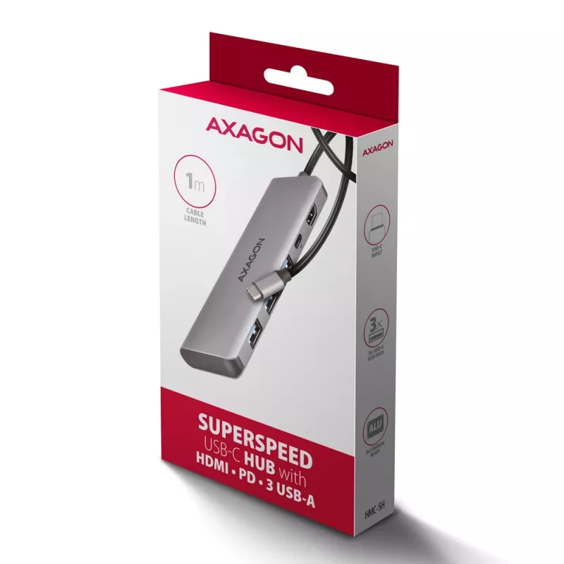 Axagon HMC-5H USB 5Gbps šakotuvas, 3x USB-A, HDMI 4K/30Hz, PD 100W, 100cm USB-C laidas