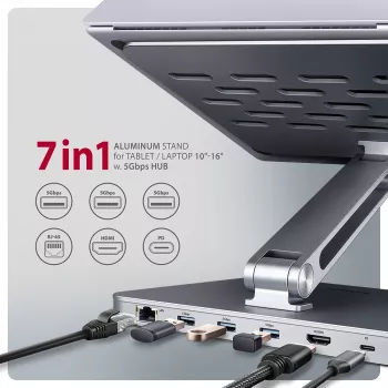 Axagon HMC-STND 7v1 USB-C stovas ir stotelė nešiojamam kompiuteriui, HDMI 4K/60Hz, GLAN, PD 100W, 3x USB-A 5Gbps, 60 cm kabelis