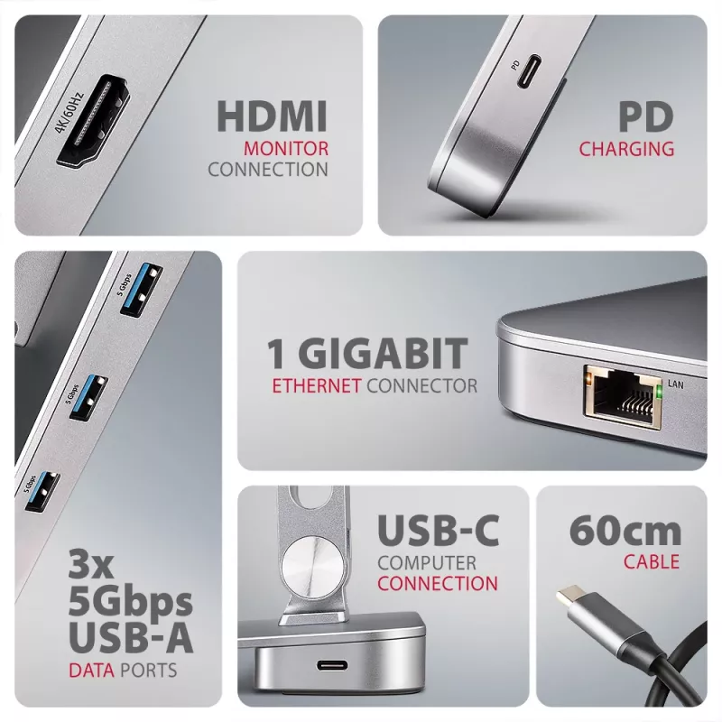 Axagon HMC-STND 7v1 USB-C stovas ir stotelė nešiojamam kompiuteriui, HDMI 4K/60Hz, GLAN, PD 100W, 3x USB-A 5Gbps, 60 cm kabelis