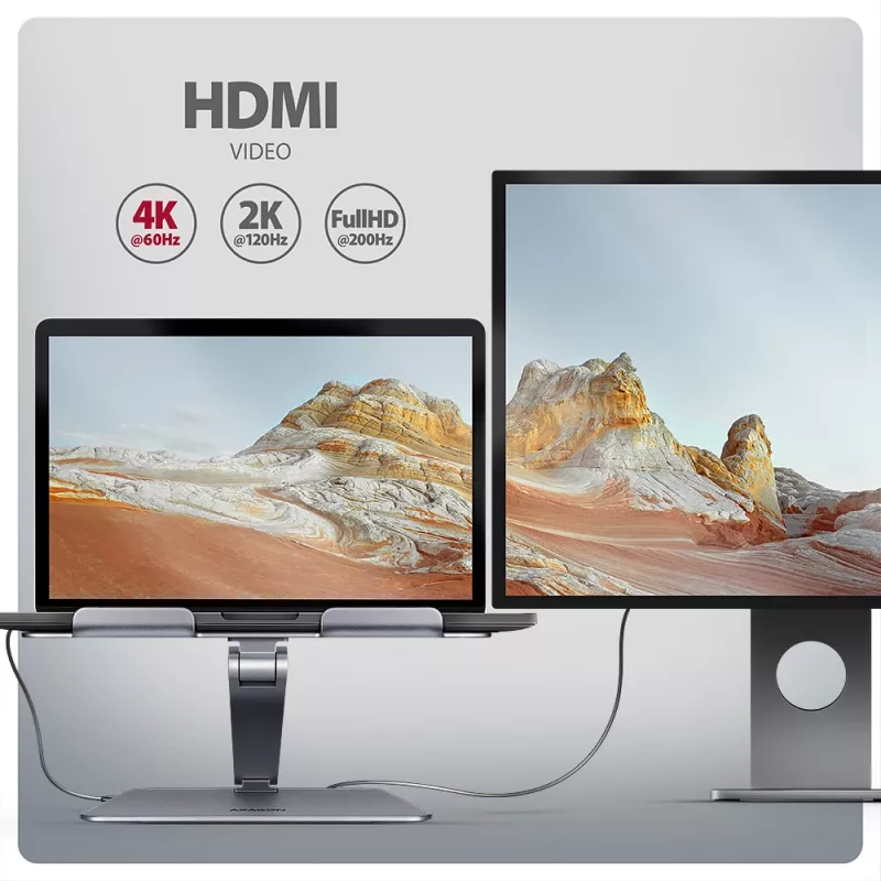 Axagon HMC-STND 7v1 USB-C stovas ir stotelė nešiojamam kompiuteriui, HDMI 4K/60Hz, GLAN, PD 100W, 3x USB-A 5Gbps, 60 cm kabelis