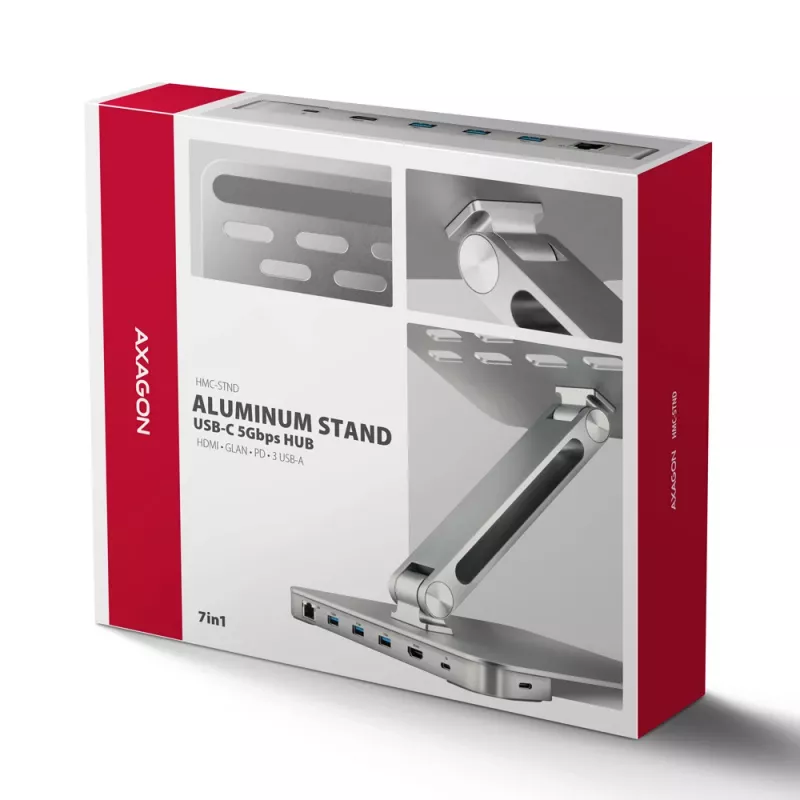 Axagon HMC-STND 7v1 USB-C stovas ir stotelė nešiojamam kompiuteriui, HDMI 4K/60Hz, GLAN, PD 100W, 3x USB-A 5Gbps, 60 cm kabelis