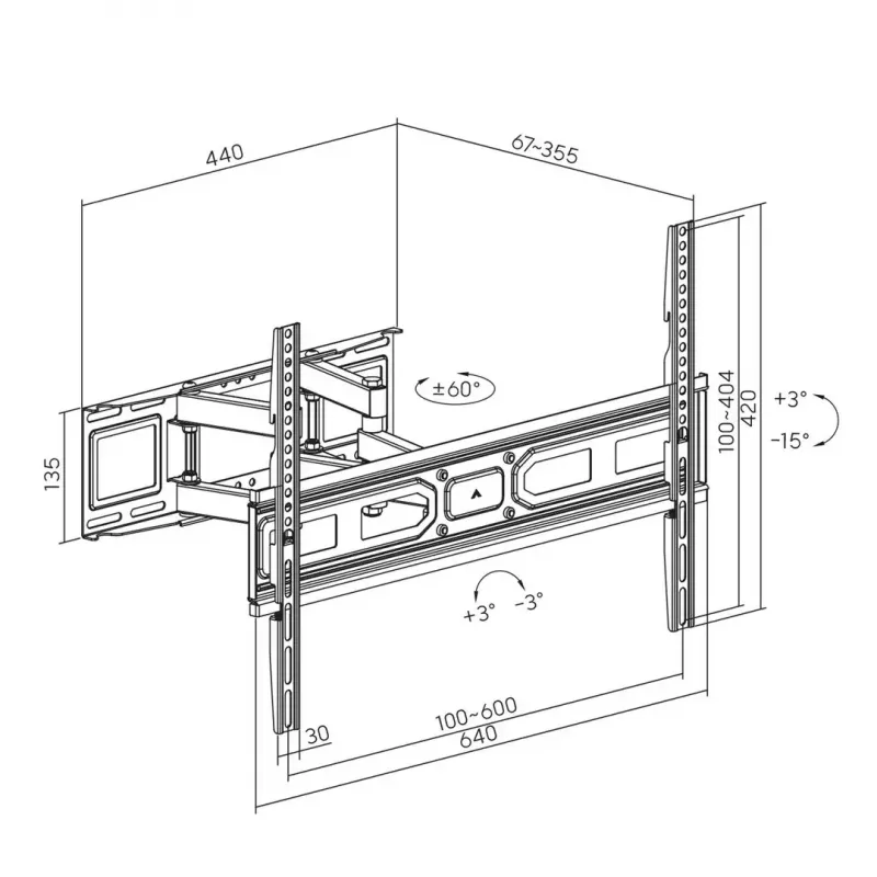 TV laikiklis prie sienos MACLEAN MC-710N VESA iki 600x400 mm, pasvirimas +3°/−15°, atstumas nuo sienos 35,5 cm, ekranas iki 80 colių, plienas, juodas