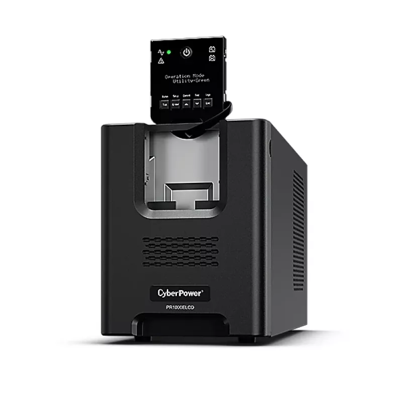 Nepertraukiamo maitinimo šaltinis CYBERPOWER PR1000ELCD – 1 kVA (900 W), Line-Interactive, gryna sinusoidė, 8× C13 lizdai, LCD, karštai keičiama baterija