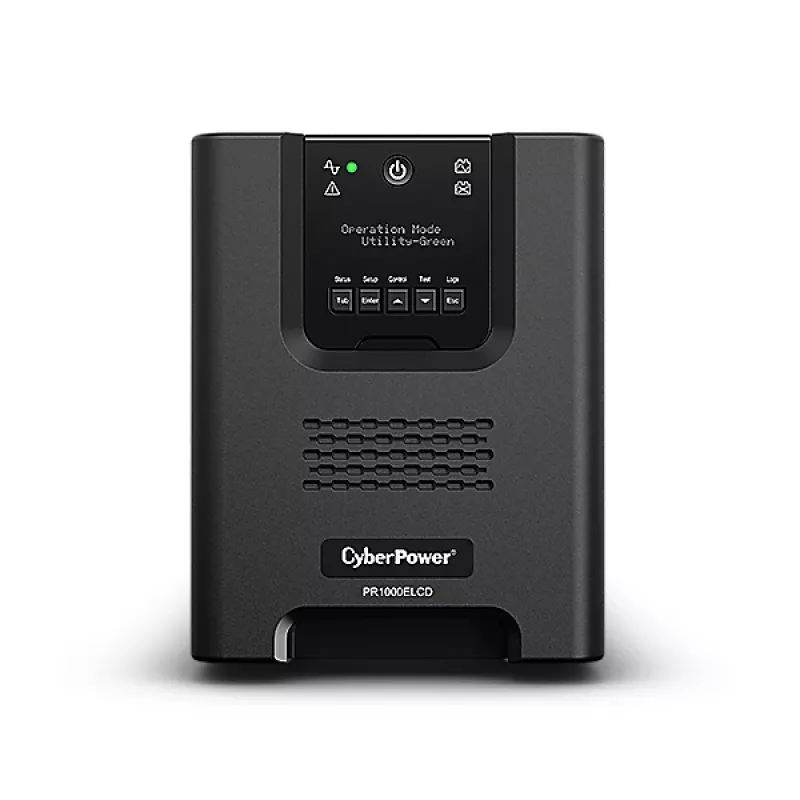Nepertraukiamo maitinimo šaltinis CYBERPOWER PR1000ELCD – 1 kVA (900 W), Line-Interactive, gryna sinusoidė, 8× C13 lizdai, LCD, karštai keičiama baterija
